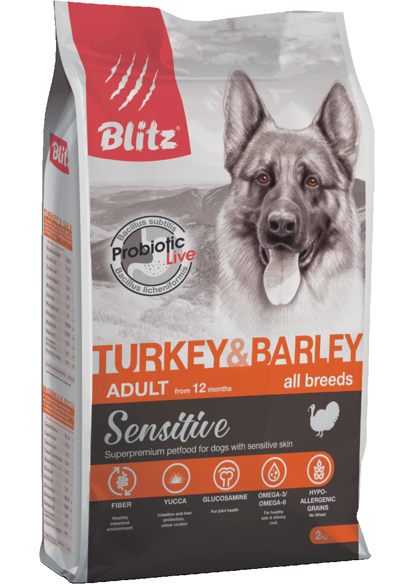 BLITZ Sensitive Adult Dog Turkey / Barley All Breeds сухой для взрослых собак с чувствительным пищеварением, страдающих пищевыми аллергиями ИНДЕЙКА / ЯЧМЕНЬ