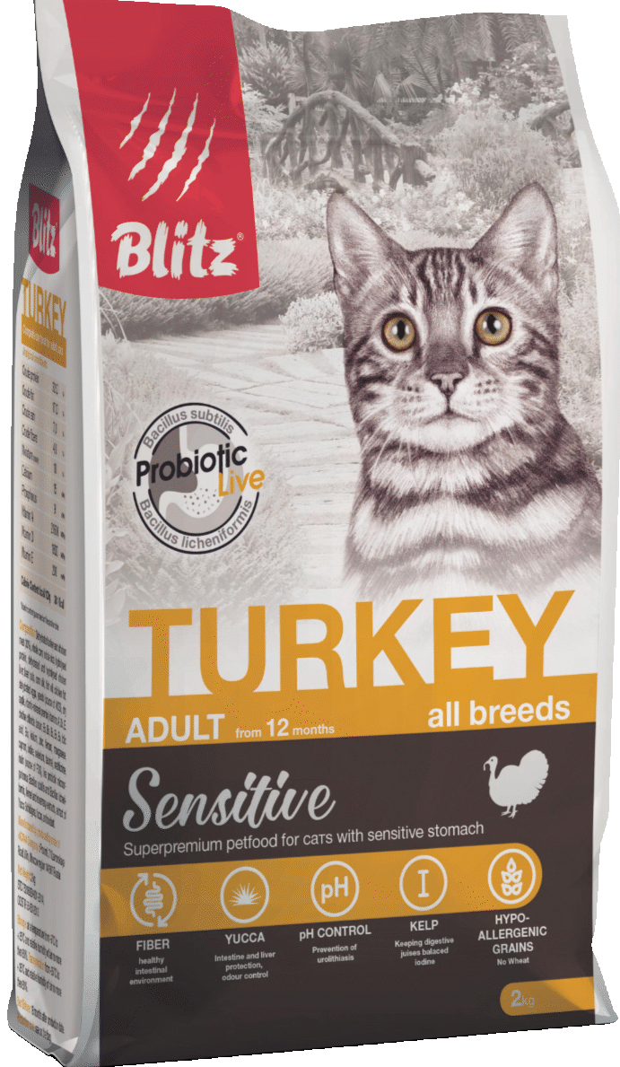 BLITZ Sensitive Cat Turkey сухой для взрослых чувствительных кошек ИНДЕЙКА 
