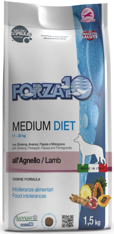 FORZA10 Diet Adult MEDIUM Lamb/Rice (Agnello/Riso) сухой низкозерновой гипоаллергенный корм для взрослых собак Средних пород ЯГНЕНОК / РИС