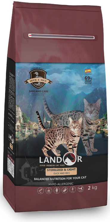 LANDOR Sterilized Cat Duck / Rice сухой монопротеиновый корм для взрослых стерилизованных кошек и с избыточным весом / Низкокалорийный УТКА / РИС (РБ)