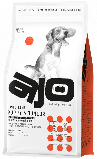 AJO Puppy / Junior Medium-Maxi Dog сухой корм с гречкой для Щенков и Молодых собак Средних - Крупных пород 