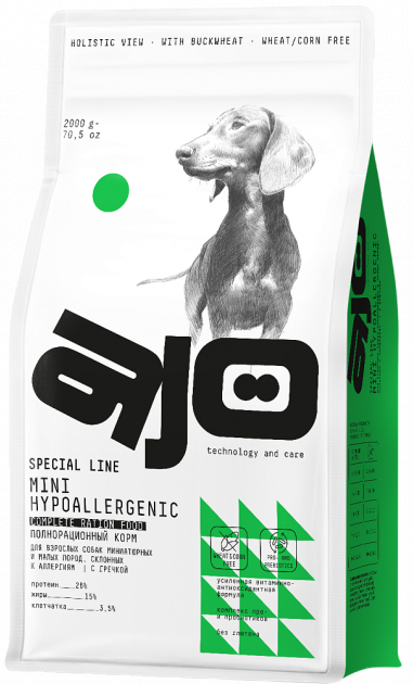 AJO Adult Mini HYPOALLERGENIC Dog сухой корм с гречкой для взрослых чувствительных собак Миниатюрных и Малых пород склонных к аллергии